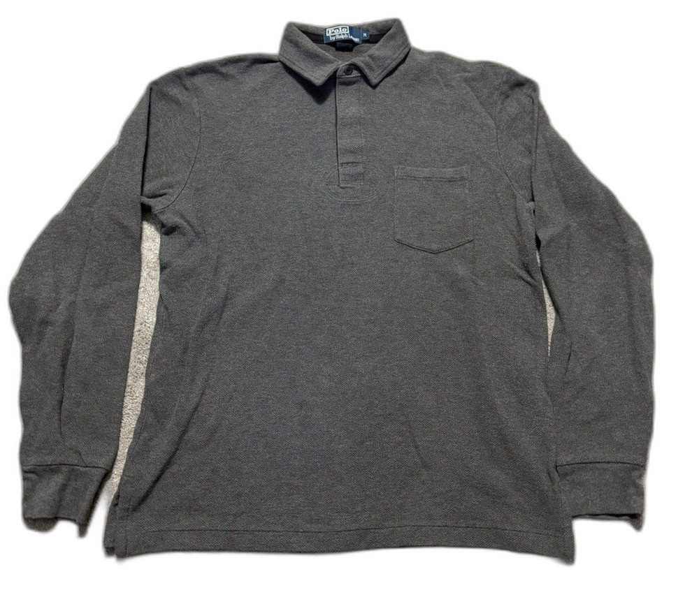 VTG Polo Ralph Lauren Shirt Mens Medium Gray Long Sleeve Pique Pocket USA Tag